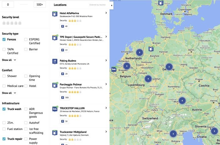 Filtering truck stops in Europe for  geolocating
