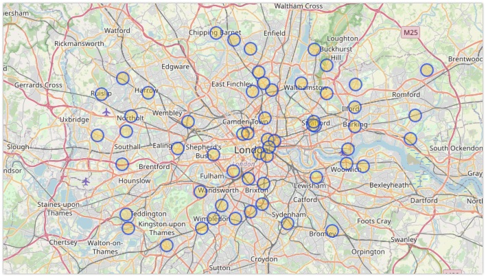 Plotting all police stations in Greater London area