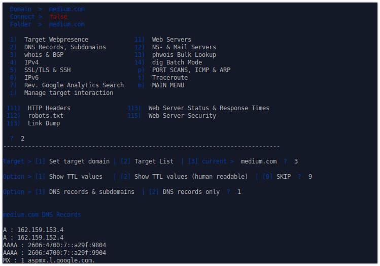 Retrieving DNS records of medium.com