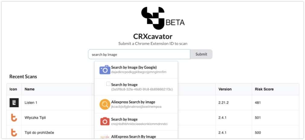 Searching for extensions on CRXcavator