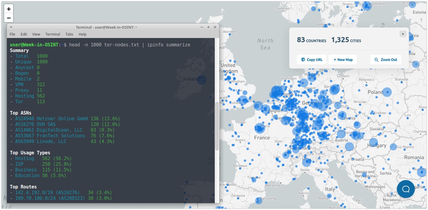 Mapping out TOR exit nodes and summarising the first 1000 IP addresses