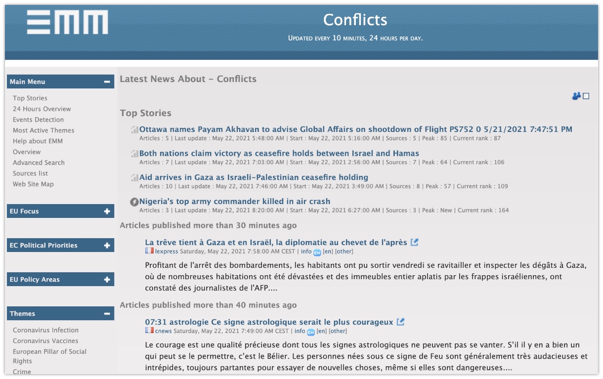 Showing conflicts, mentioned in French news articles