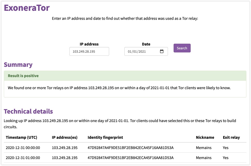 Verifying the existence of a Tor node at an IP address