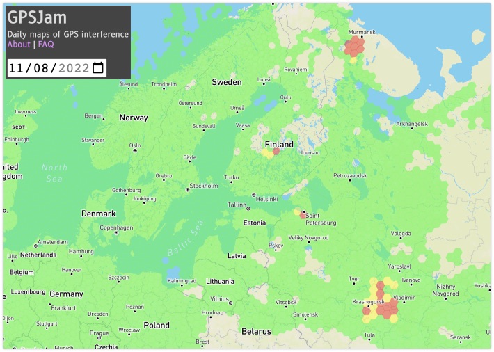 World map of locations where GPS signals seem to be jammed