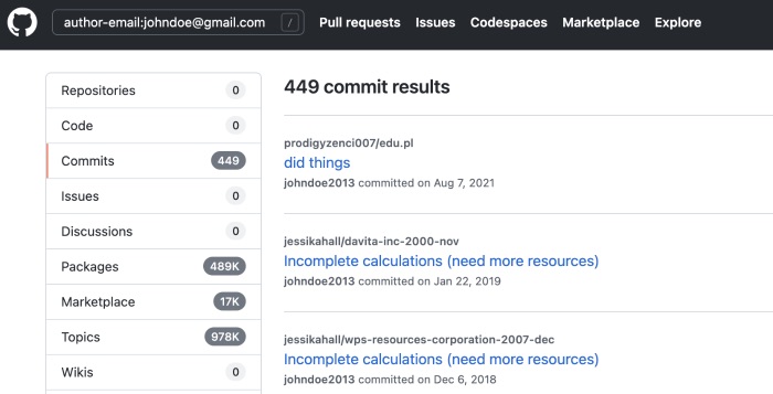Finding Git commits by email