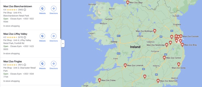 Searching for Maxi Zoo stores in the UK