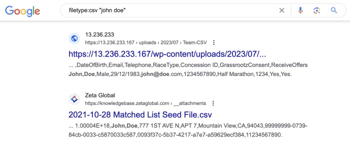 Searching for CSV files in Google
