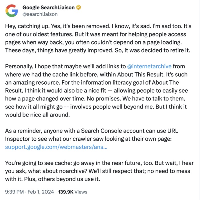 Google admitting that 'cache' will be retired