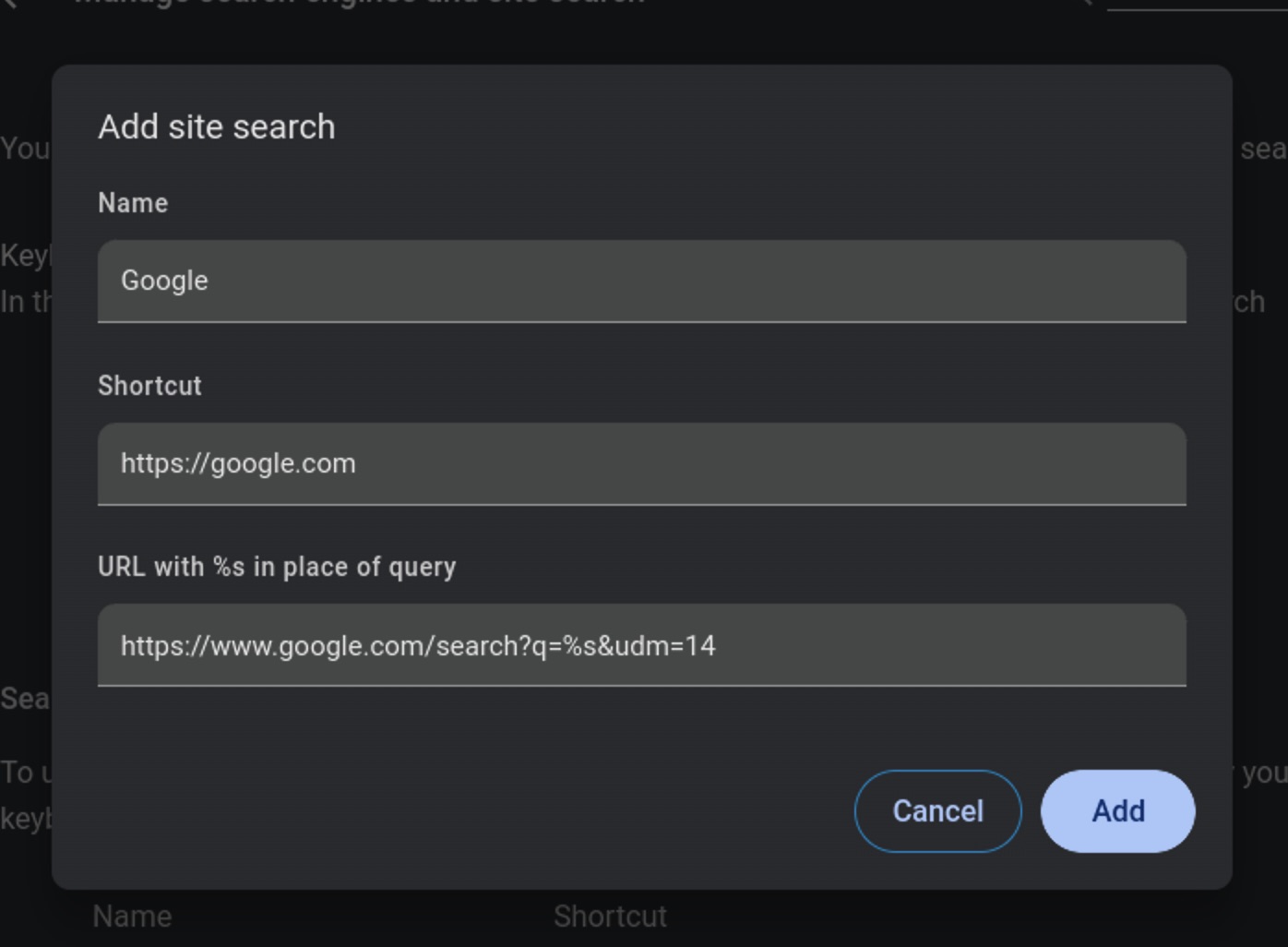 Changing the default search site settings in Chromium