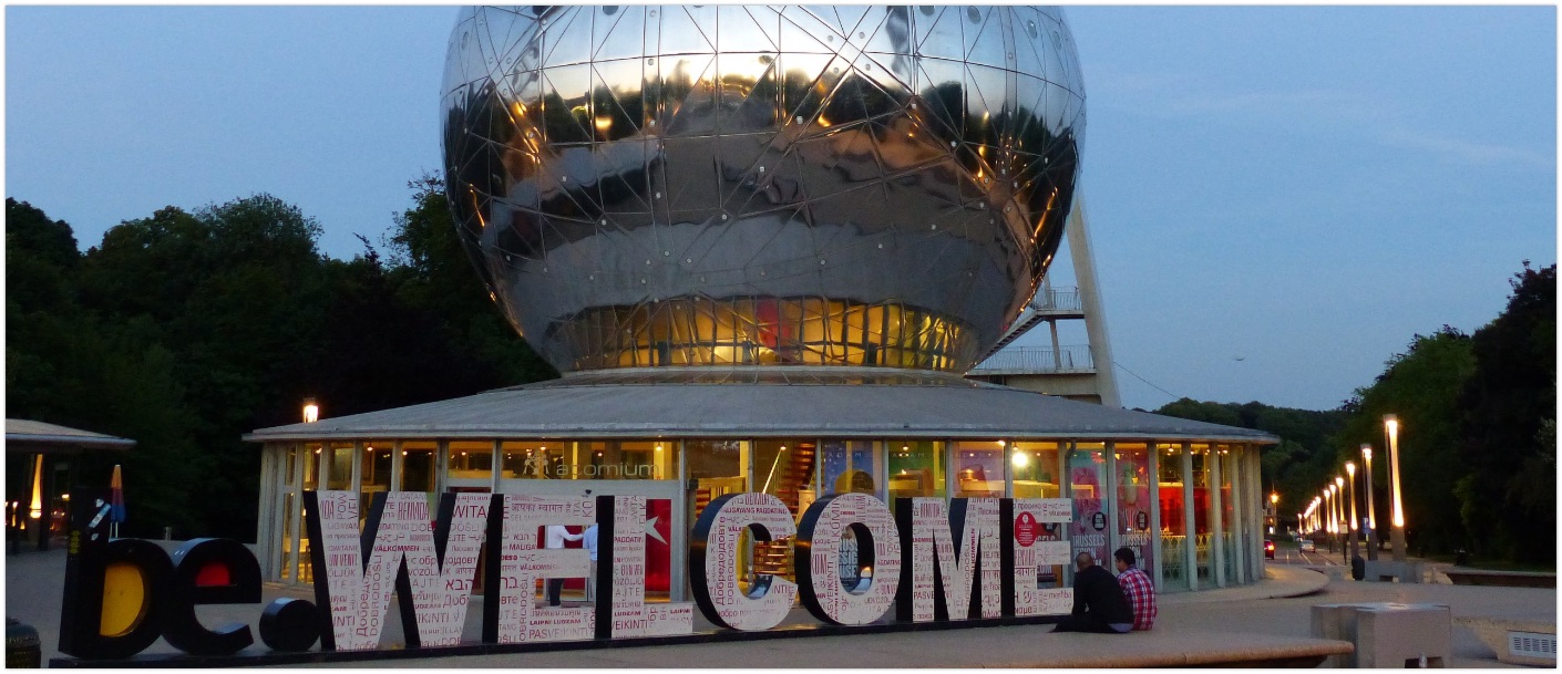 Welcome sign at the base of the Atomium