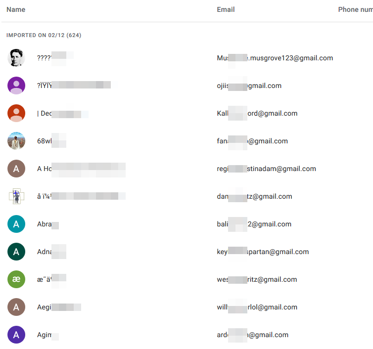 A list of 624 GMail addresses, sitting in the contact list of a sock account