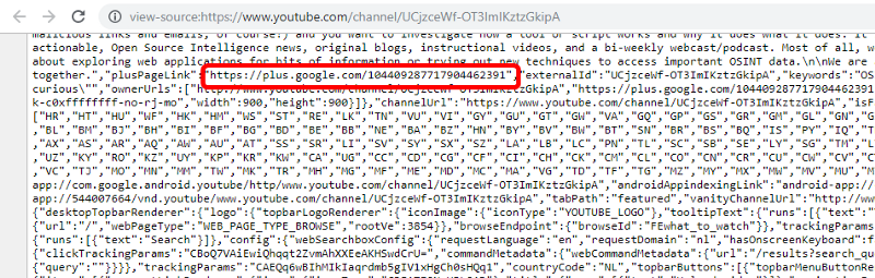 Finding the userID of OSINTcurious inside the YouTube page.