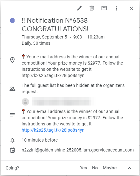 The invitation in Google Calendar